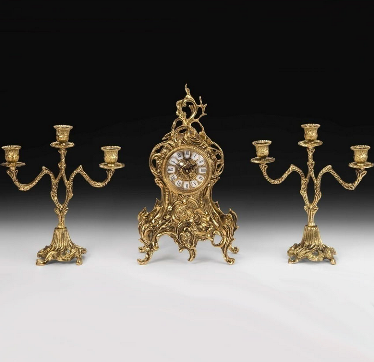 Часы каминные "Пламя" h35см с канделябрами h27см (бронза, золото) Испания