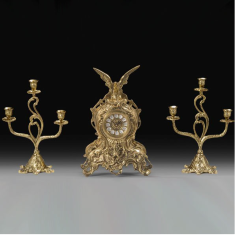 Часы каминные с орлом и канделябрами на 3 свечи (бронза, золото) Испания 