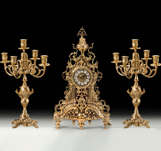 Набор часы каминные "Ренессанс" с двумя канделябрами на 5 свечей (бронза, золото) Испания, ручная работа (Hand made)