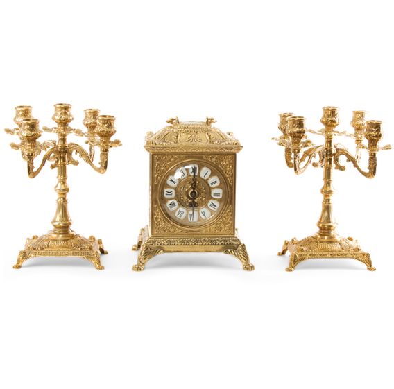 Часы каминные "Ларец" 23х18,5х14,5см с канделябрами на 5 свечей "Лориньян" 24см (латунь, золото) Италия