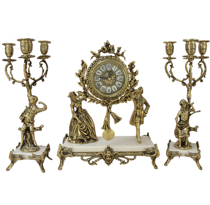 Часы каминные с маятником "На балу" с канделябрами на 5 свечей (бронза, мрамор, золото) Португалия